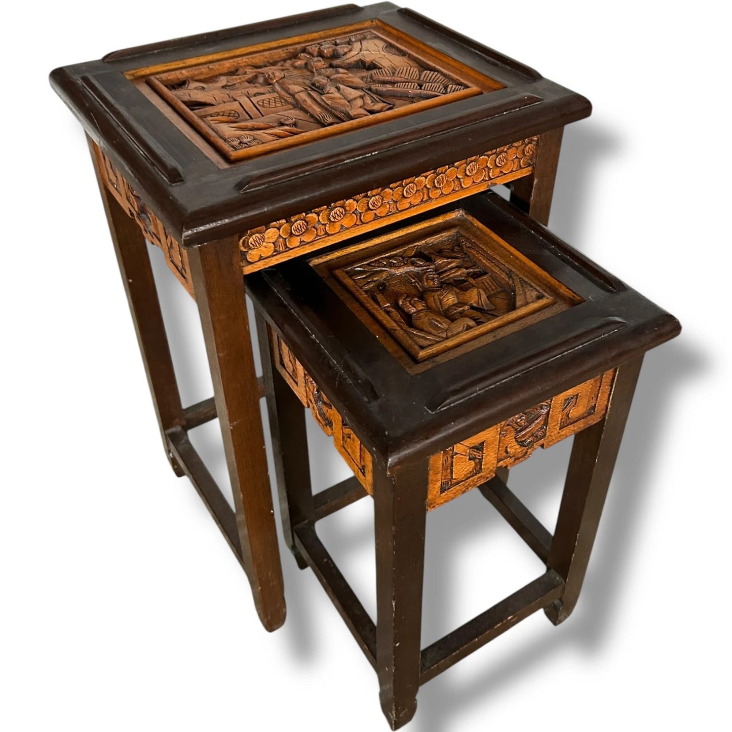 Pair of Vintage Chinese Camphor Wood Bedside Tables – Hand Carved Oriental Nightstands