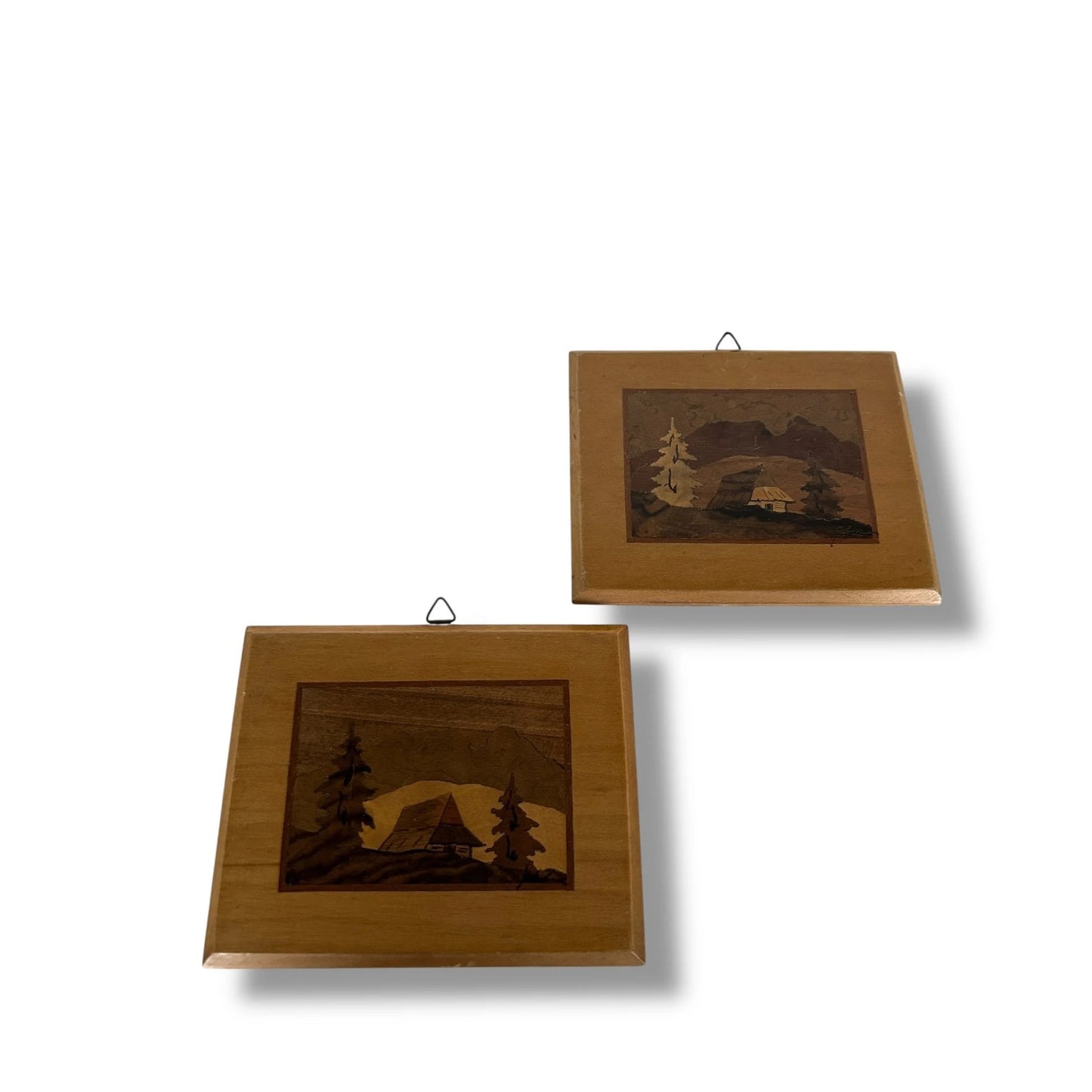 Vintage Polish Marquetry Wall Plaques Mid-Century Rustic Cabin Decor – Set of 2