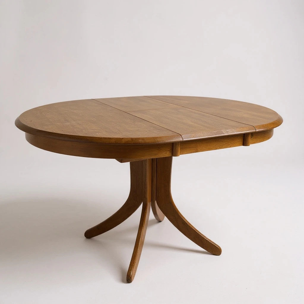 Mid-Century Modern Blonde Wood Extending Pedestal Round Dining Table