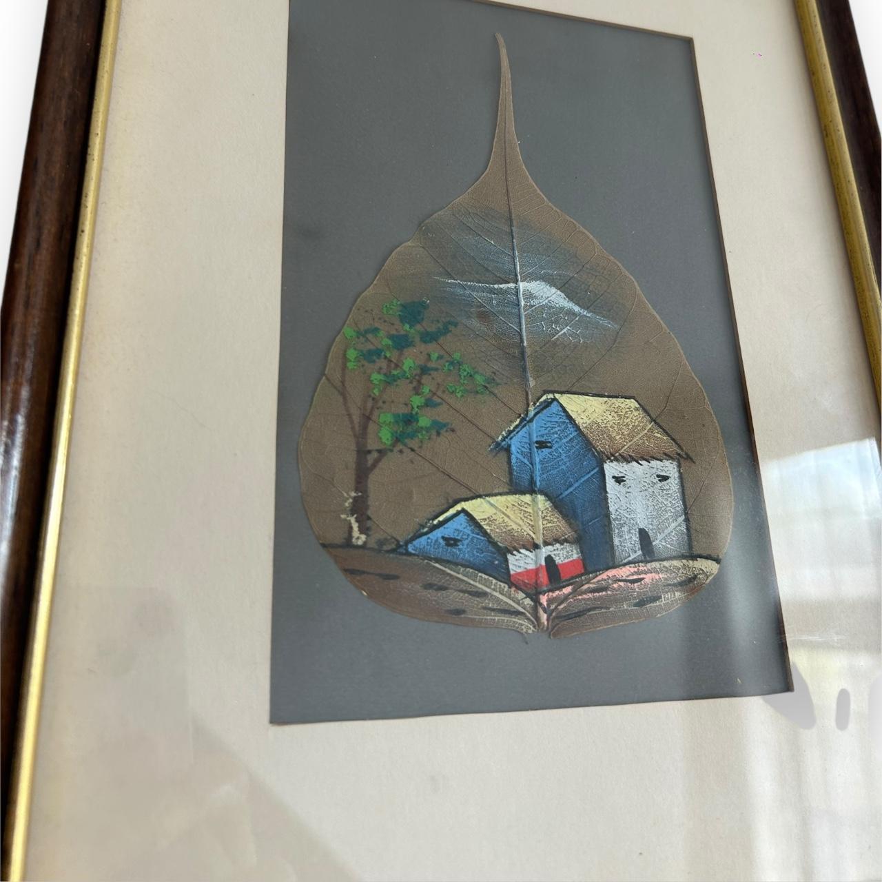 Vintage 1970s Hand Painted Leaf Framed Art