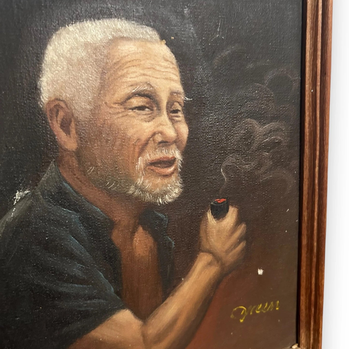 Vintage 1970s Chinese Old Man Art Oil Painting