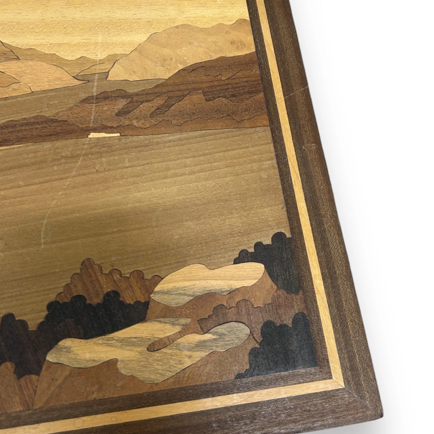 Mid century wood marquetry landscape picture
