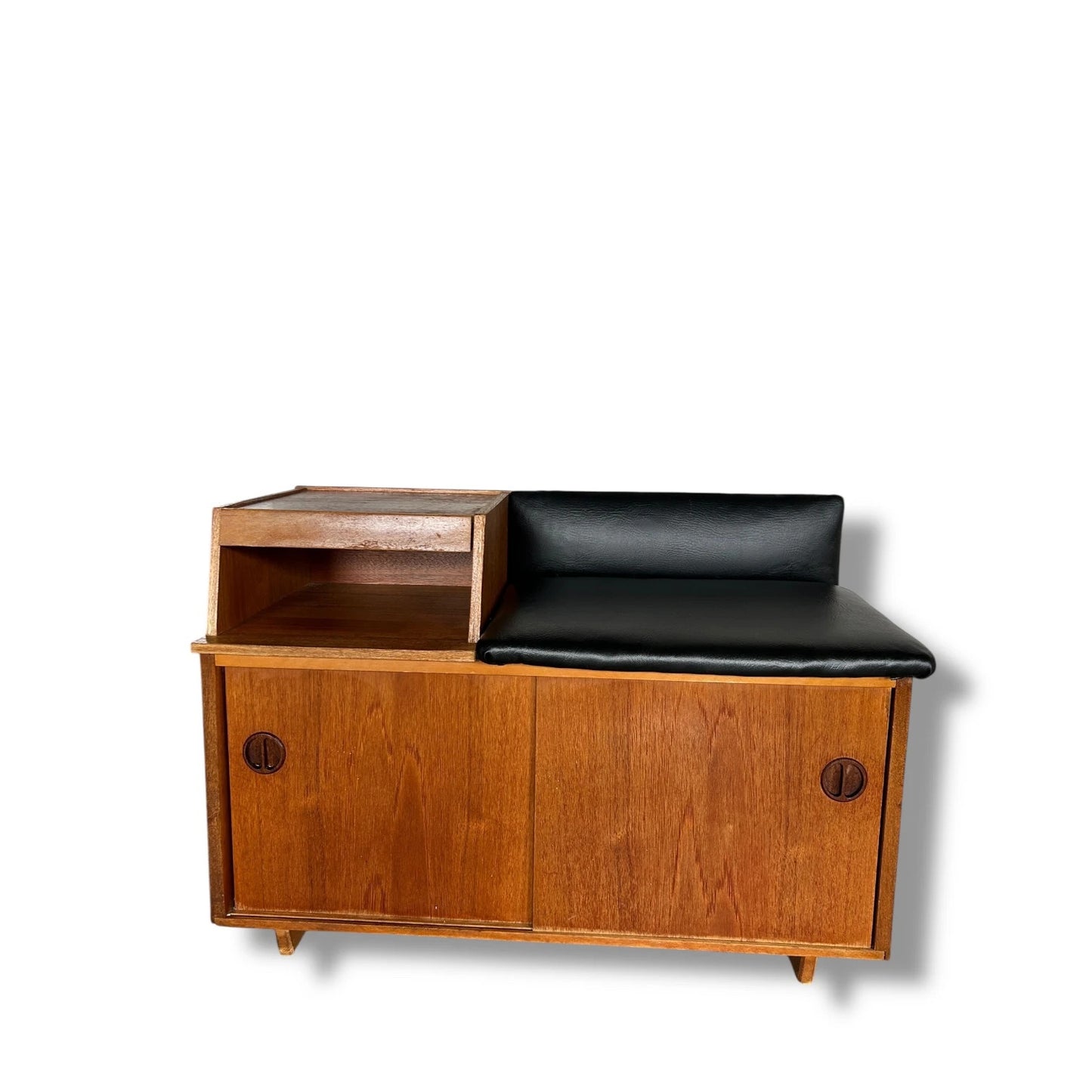 Vintage 1960s Chippy Heath Teak Telephone Table – Mid-Century Modern Hall Seat with Black Vinyl