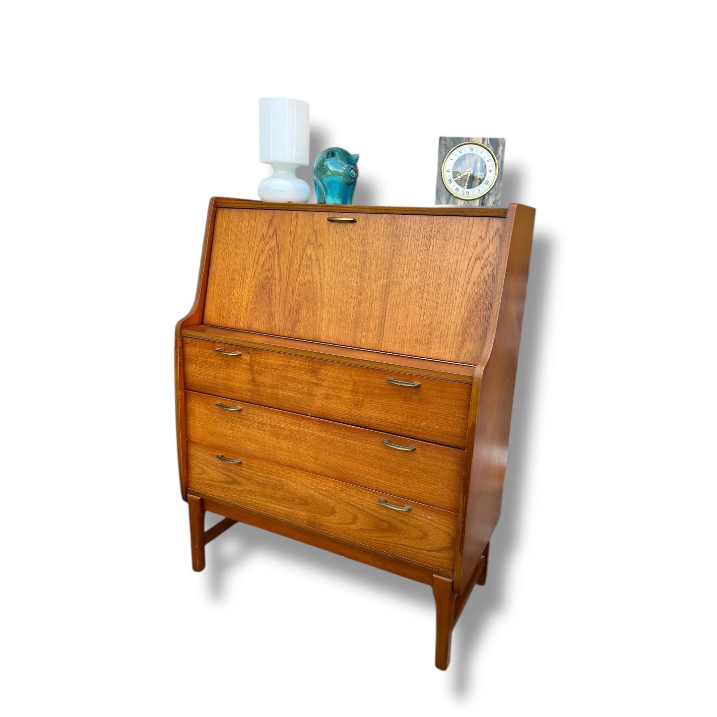 Mid-Century Danish Teak Bureau with Brass Handles – Compact Writing Desk & Storage
