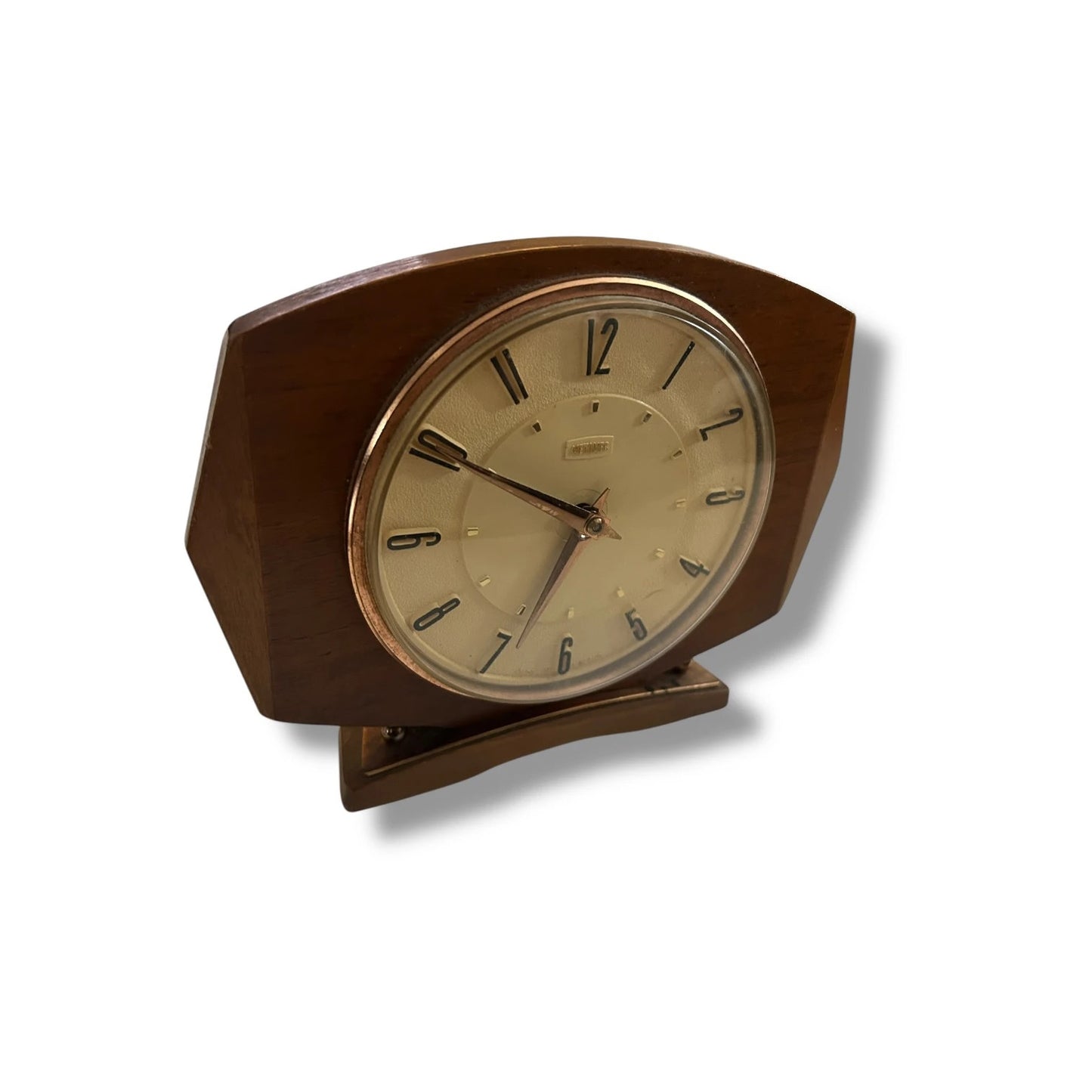 Mid Century Modern Metamec Table Clock | 1960s Wood & Brass Mantel Clock
