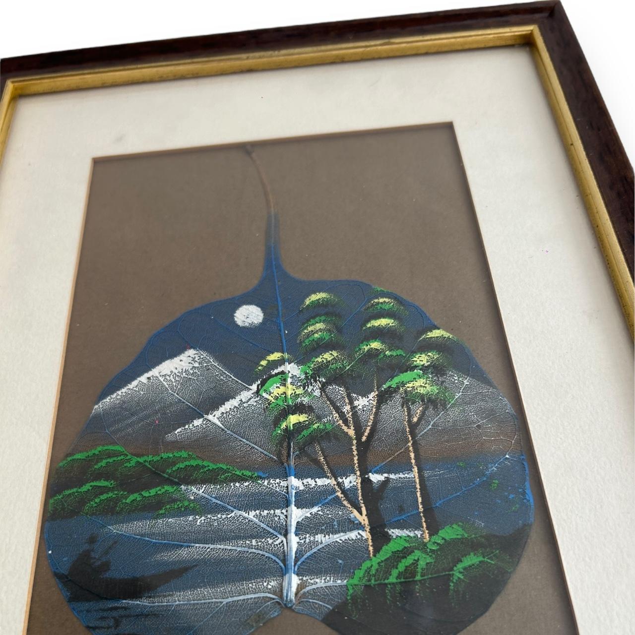 Vintage 1970s Hand Painted Leaf Framed Art