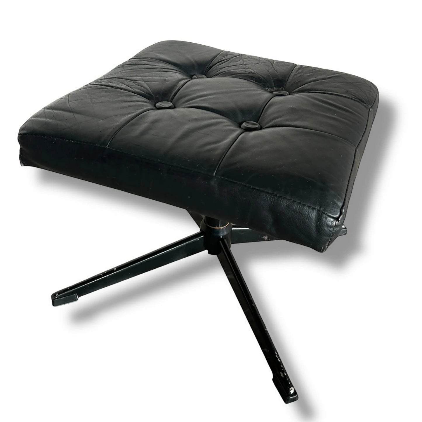 Mid Century Modern Danish Black Leather Swivel Footstool