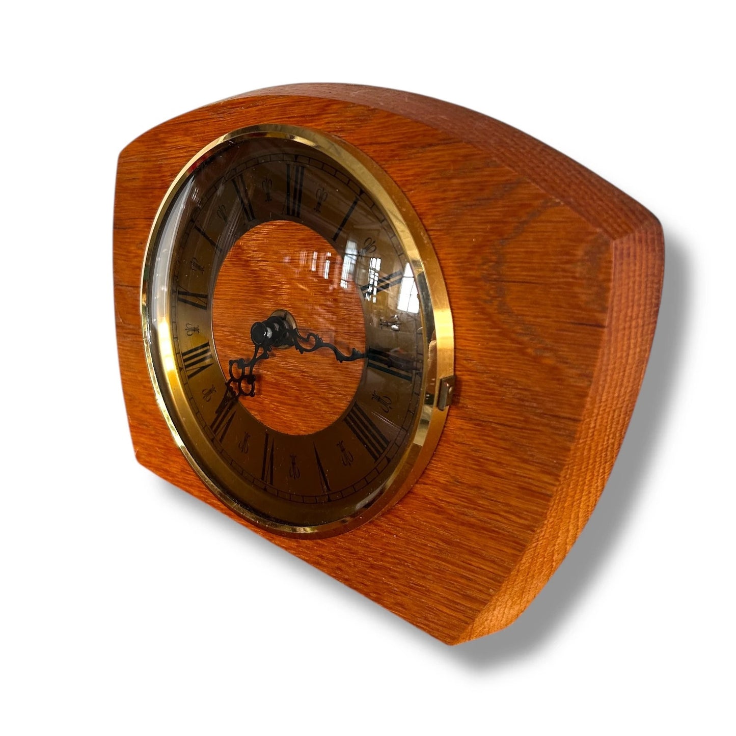 Mid Century Modern Teak Wood and Brass Curved Table Clock