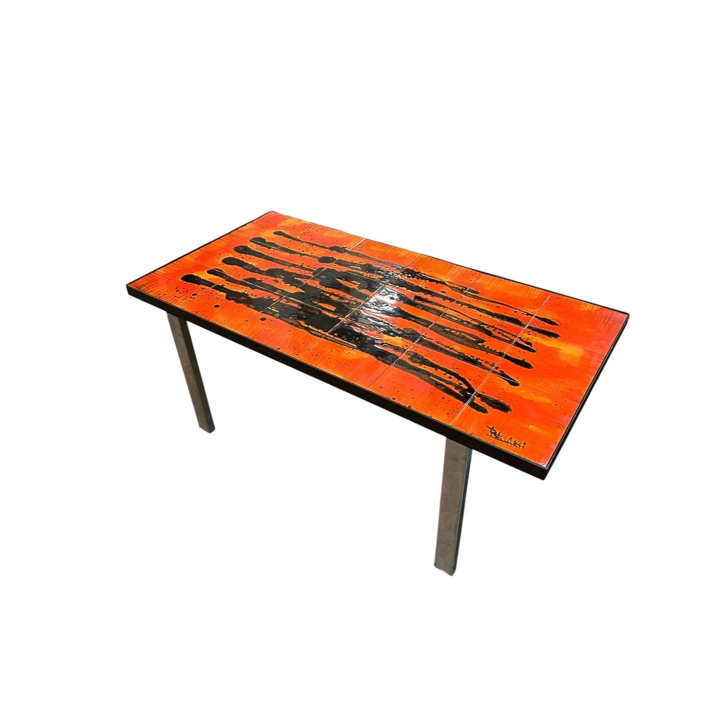 Mid-Century Belarti Coffee Table – Vintage Orange & Black Tile Top with Chrome Legs