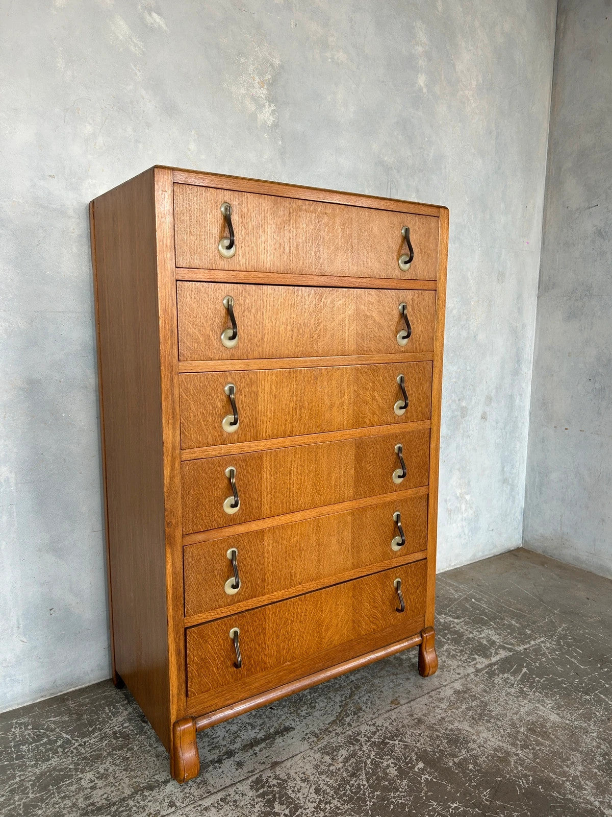 Mid Century Modern Oak Wood Tallboy Chest of Drawers