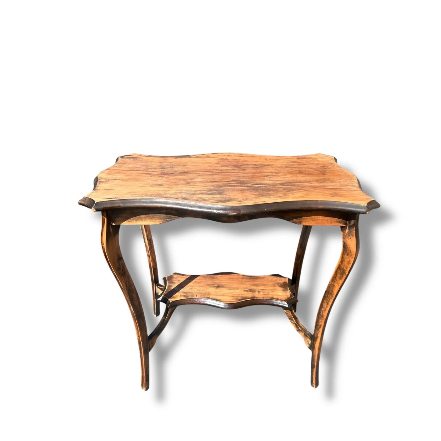 Antique Rustic French Side Table – Scalloped Edge & Cabriole Legs