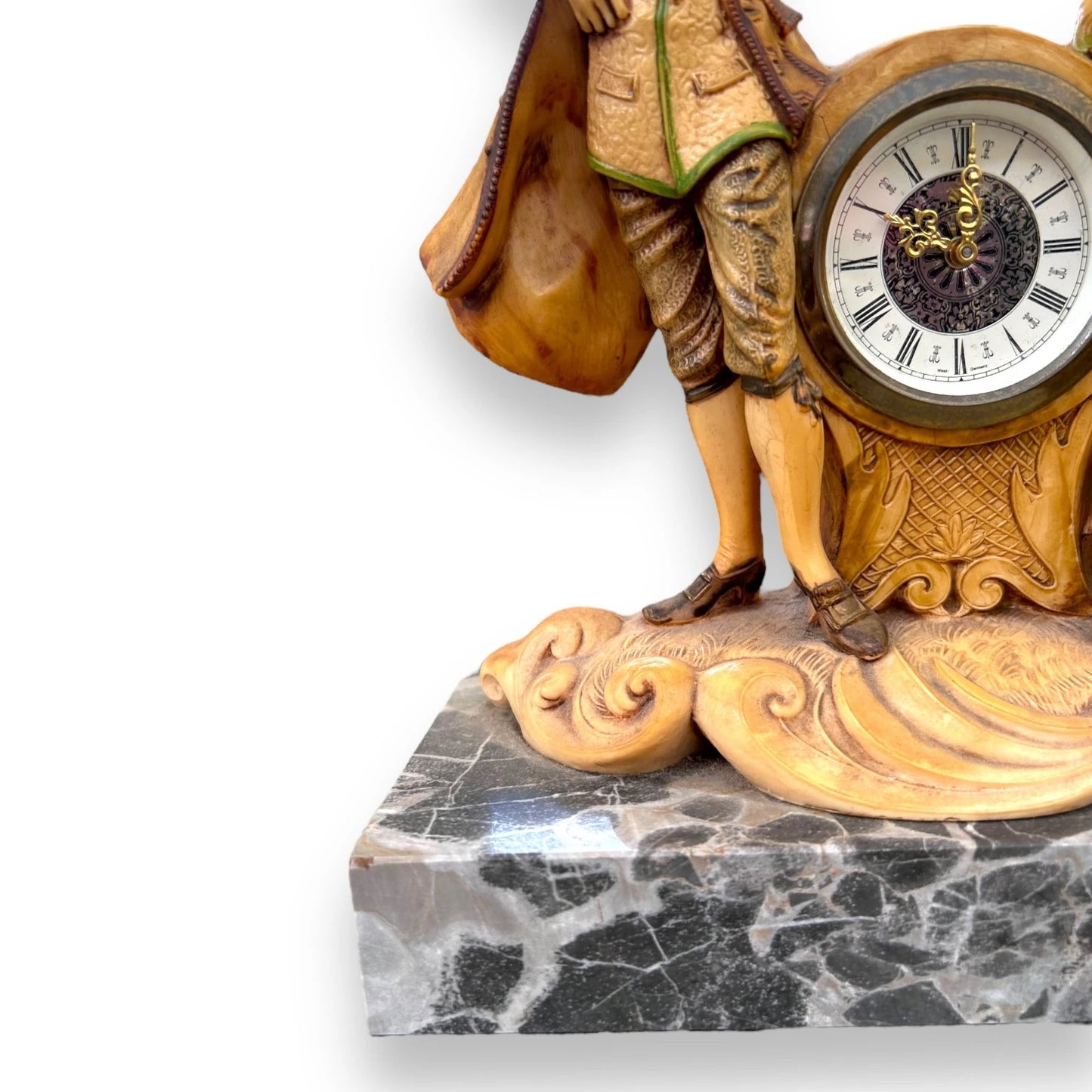Vintage West Germany Resin Figural Clock Carrara Marble Base