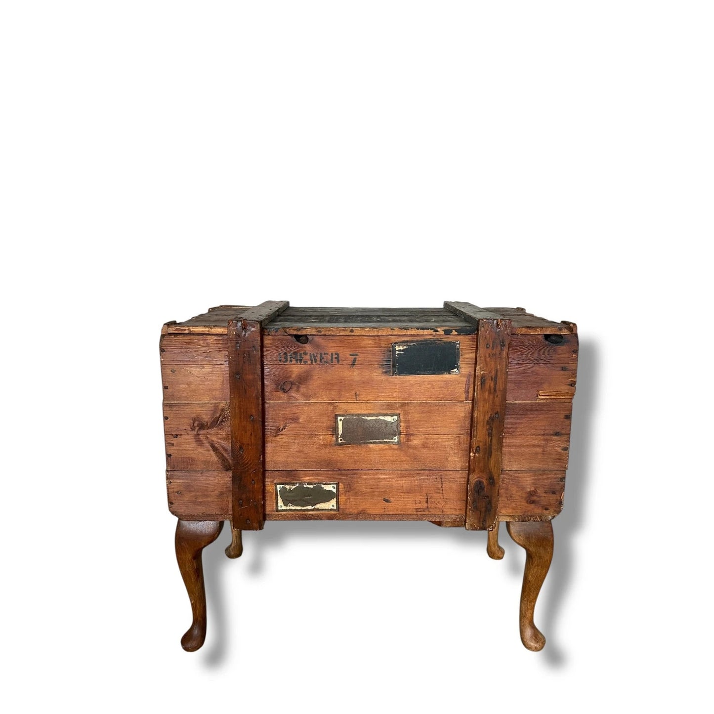 Furniture Frankenstein WWII Military Chest Table | Upcycled World War II Wooden Crate with Queen Anne Cabriole Legs