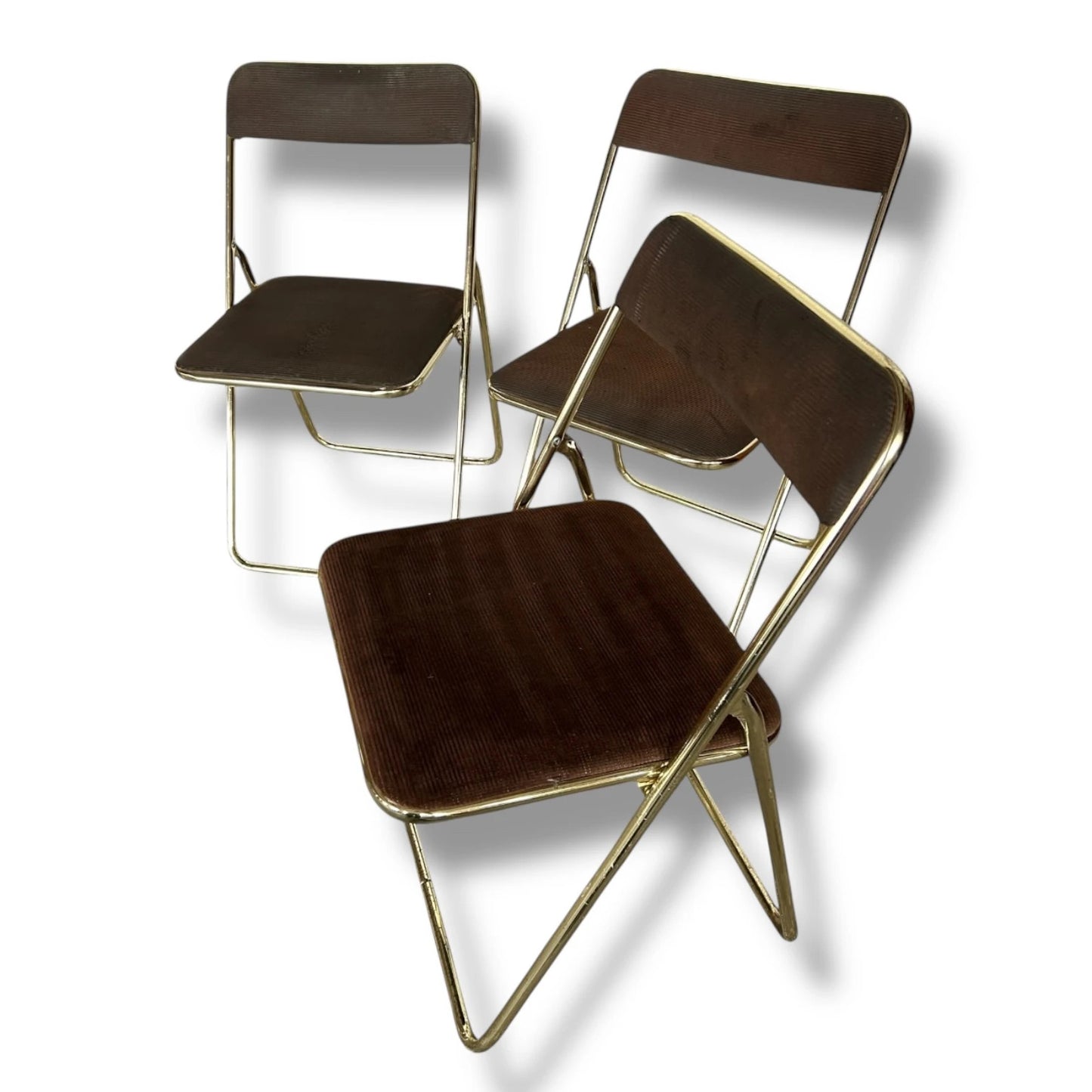 Set of 4 Vintage Mid Century Brass Folding Chairs – Brown Upholstered Dining Chairs