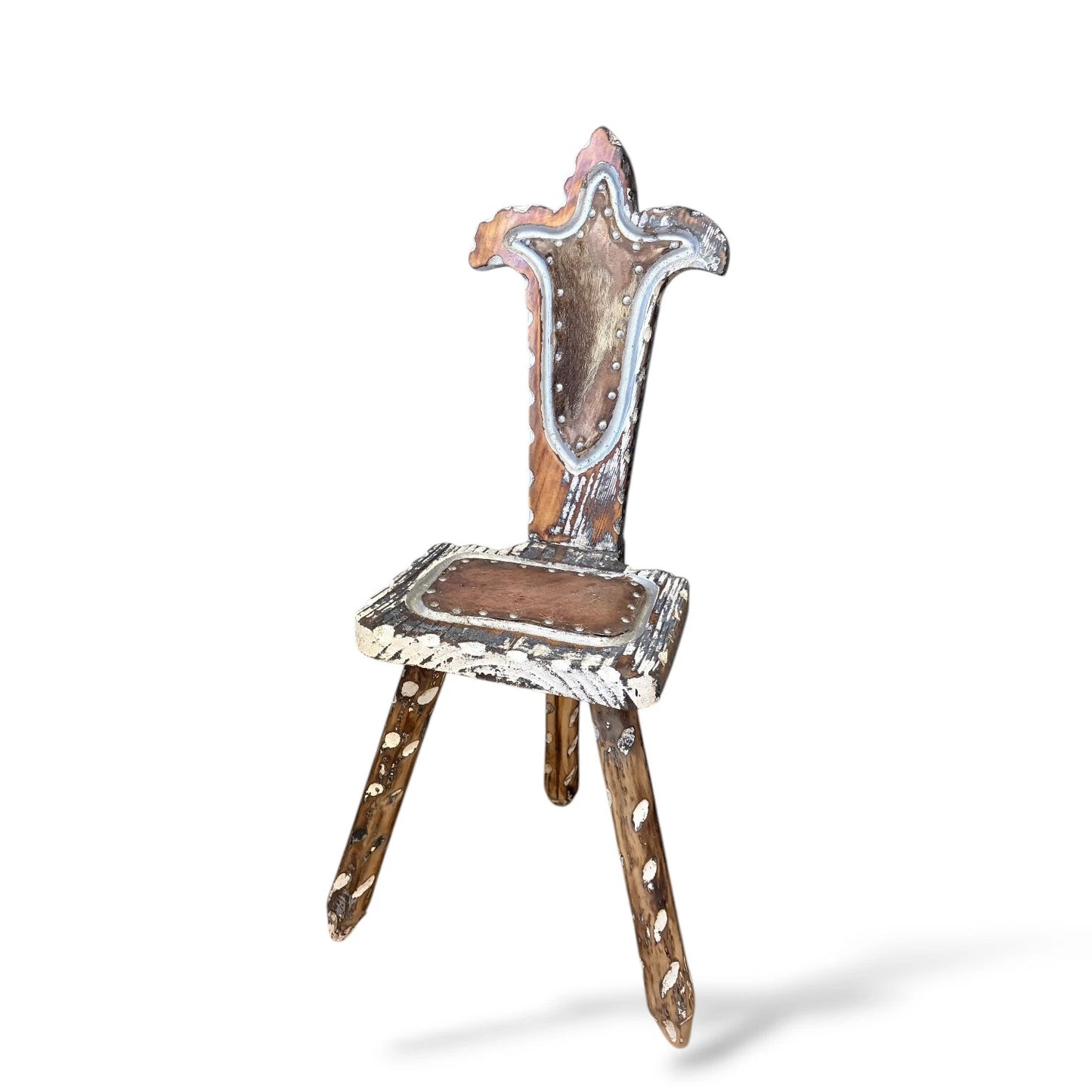 Brutalist Spanish Chair with Mohair Seat | Distressed Primitive Folk Art Chair