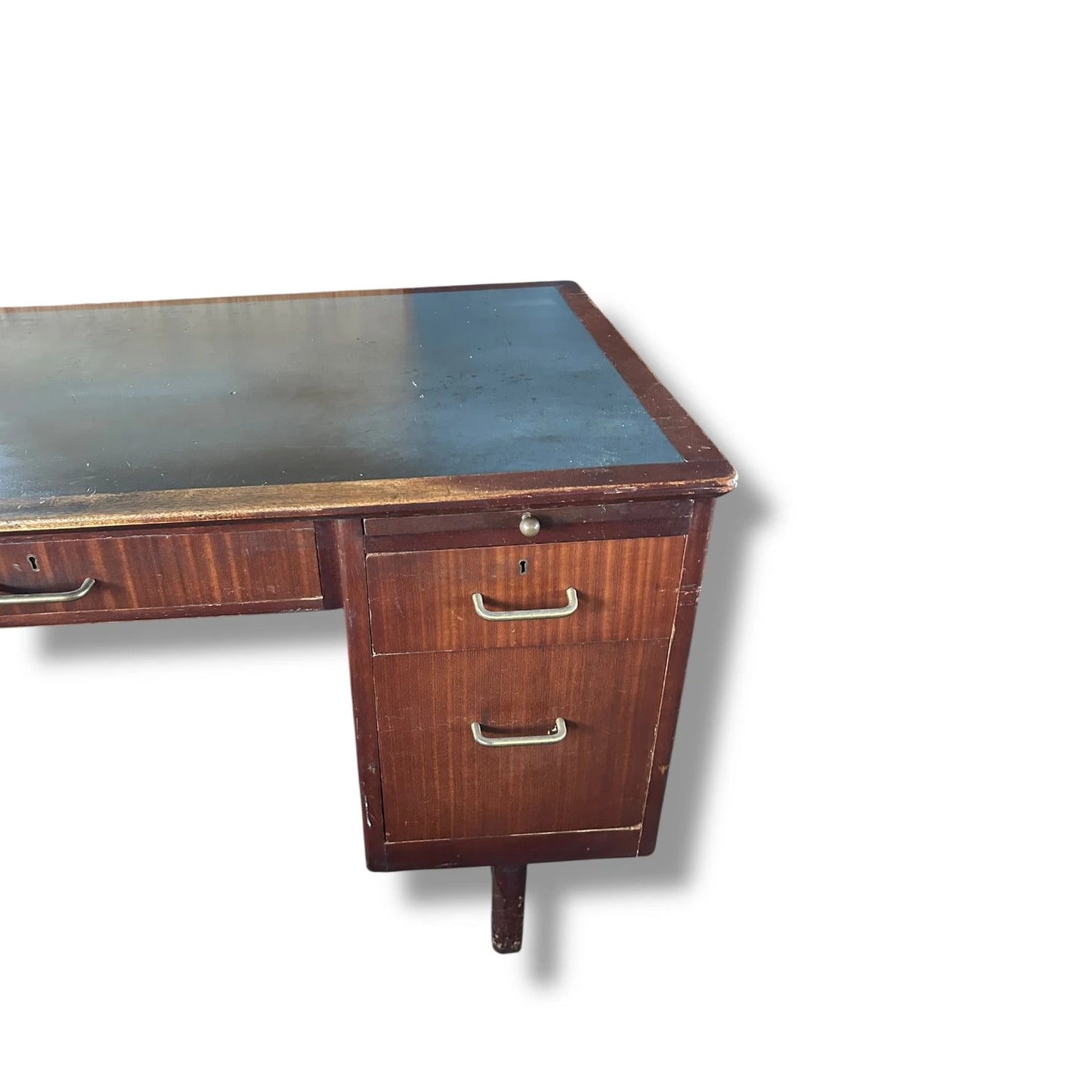 Mid Century Modern Leather-Top Wood Office Desk | Vintage Executive Desk with Sliding Inserts