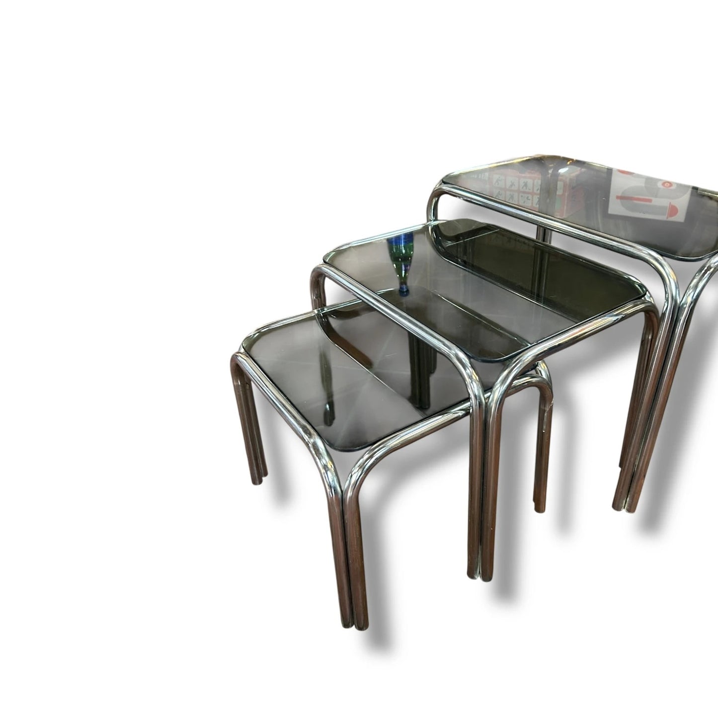 Mid Century Modern Smoked Glass and Chrome Nest of Tables
