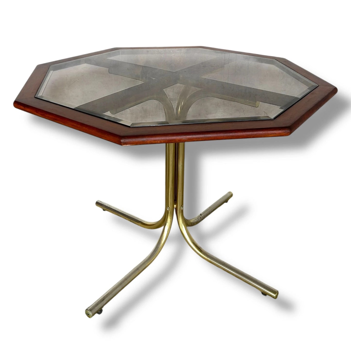 Mid Century Modern Italian Octagonal Smoked Glass Brass and Teak Dining Table