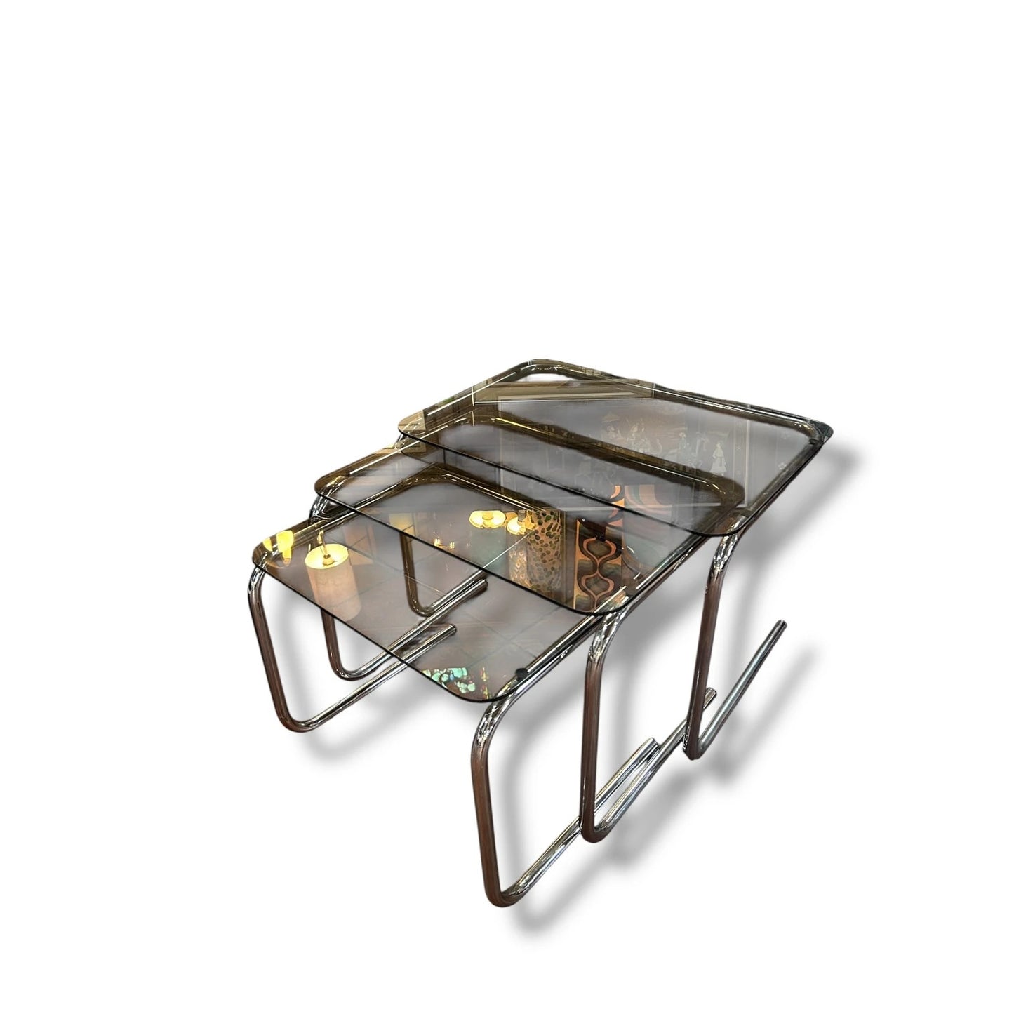 Mid Century Smoked Glass and Chrome Tubular Nest of Tables