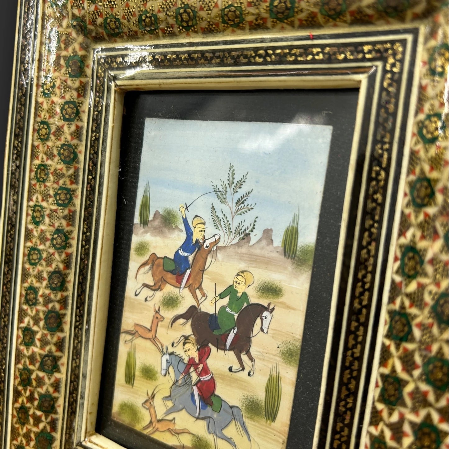 Vintage 1960s Persian Khatam Mosaic Framed Miniature Watercolour Painting
