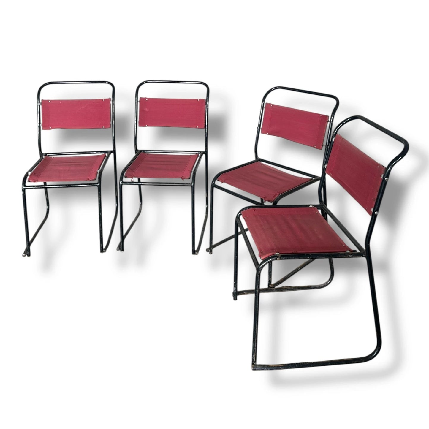 Mid Century Set of Four Pel Tubular Metal Red and Black Dining Chairs