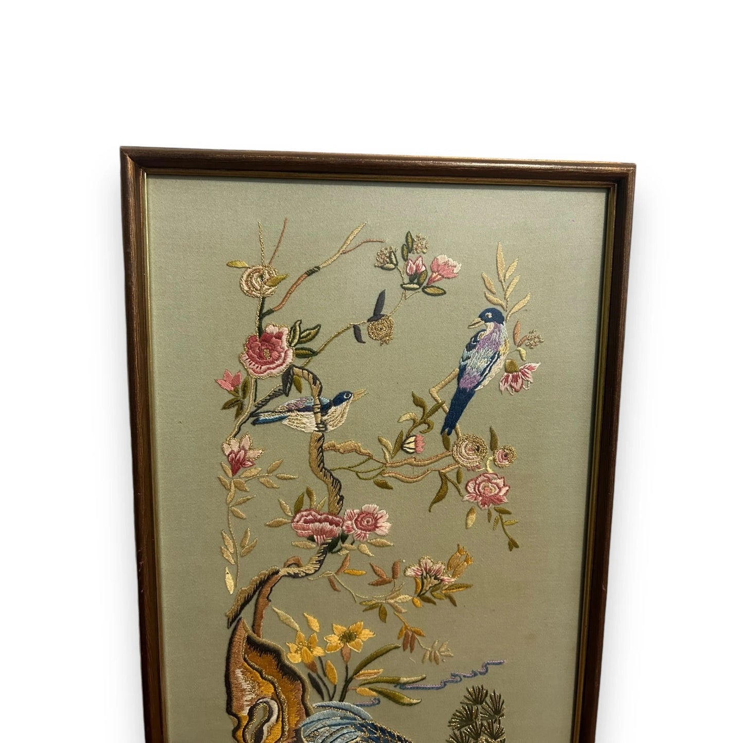 Vintage 1970s Chinese Birds Textile Framed Art