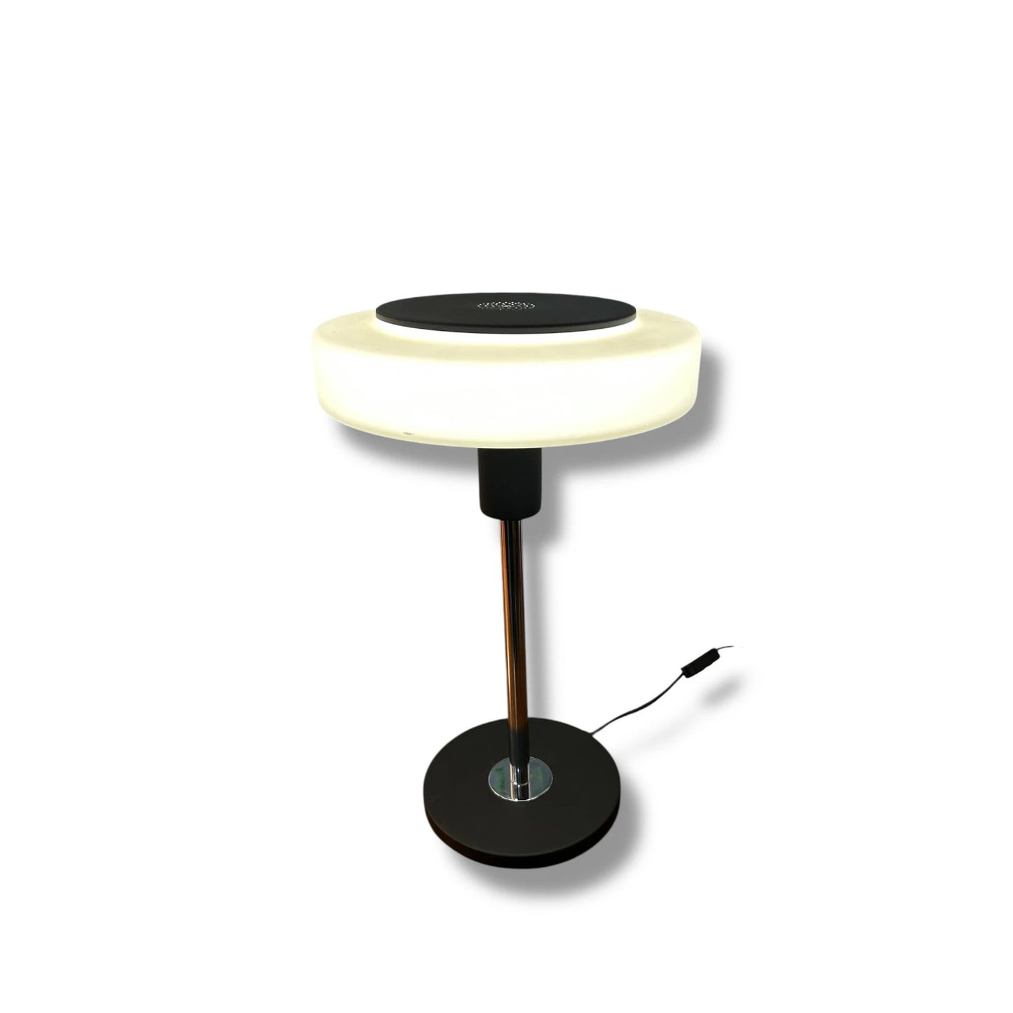 Mid Century Danish Mushroom Table Lamp | Chrome/Black Base & White Glass Shade