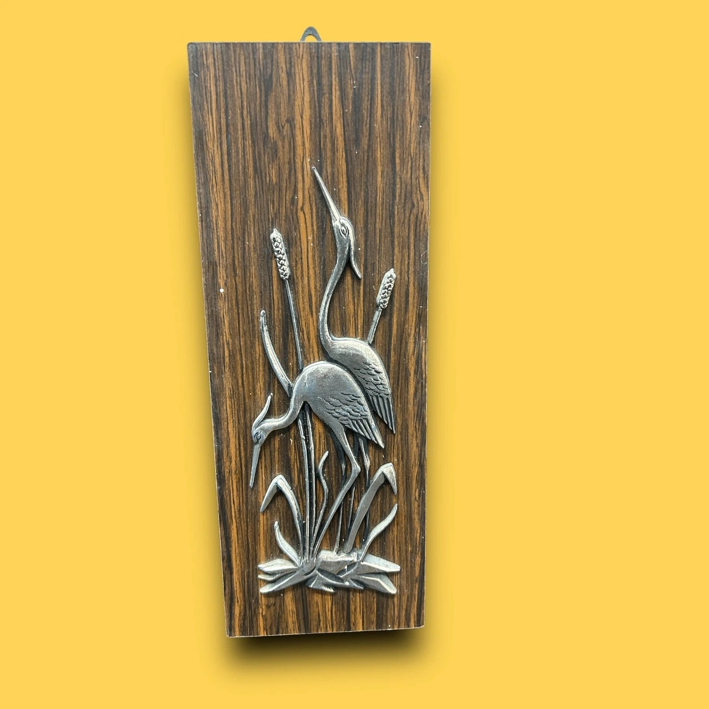 Mid Century Pair of Brass Crane Wood Plaques