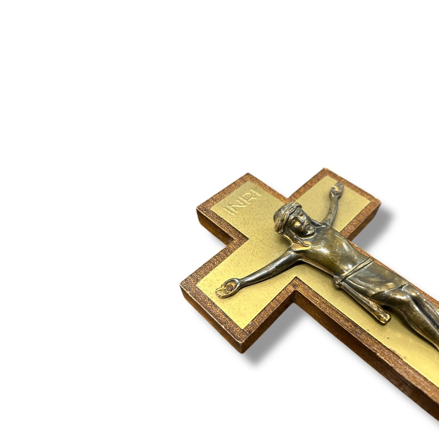 Mid Century Teak and Brass Jesus Crucifix