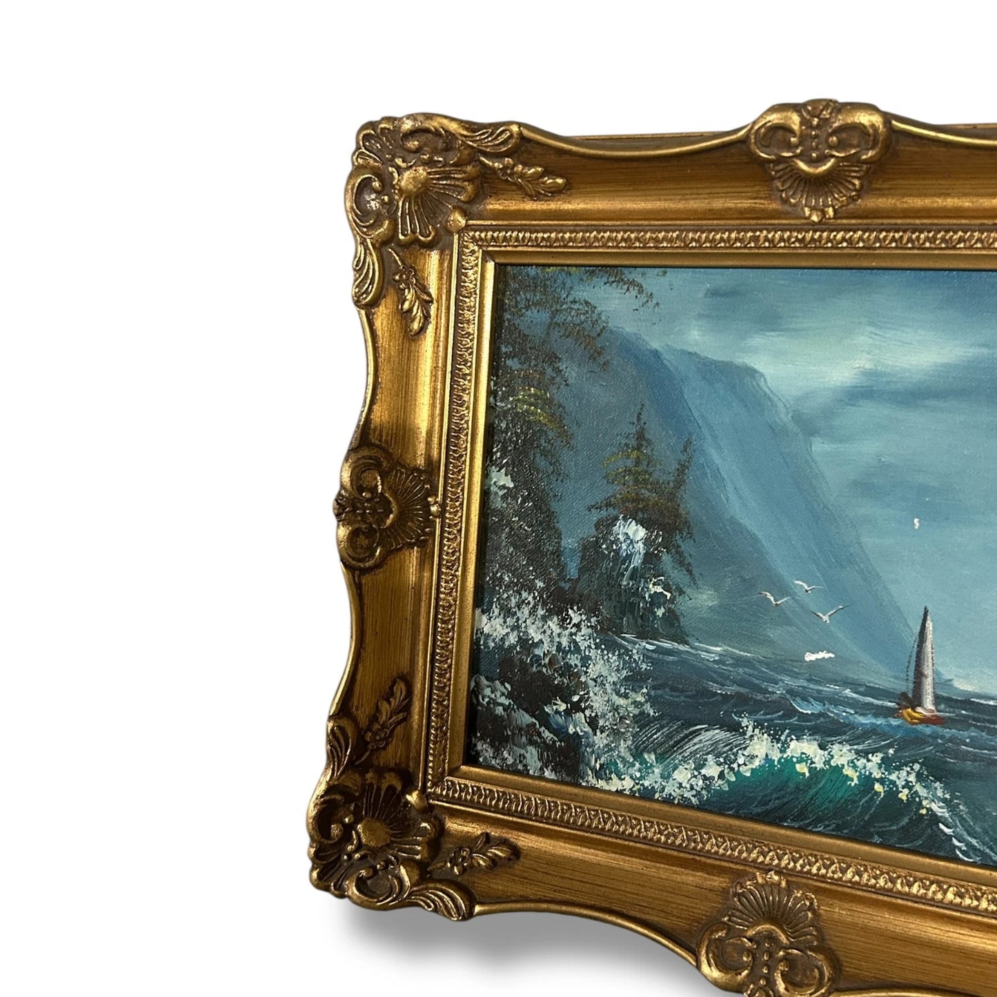 Vintage 1970s Nautical Landscape Oil Painting with a Gilt Frame