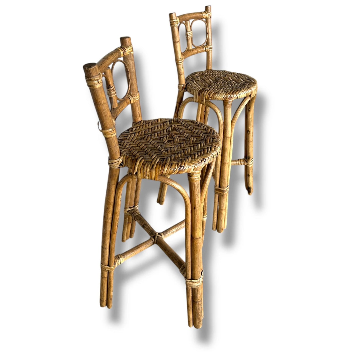 Mid Century Modern Bamboo Rattan Pair of Bar Stools