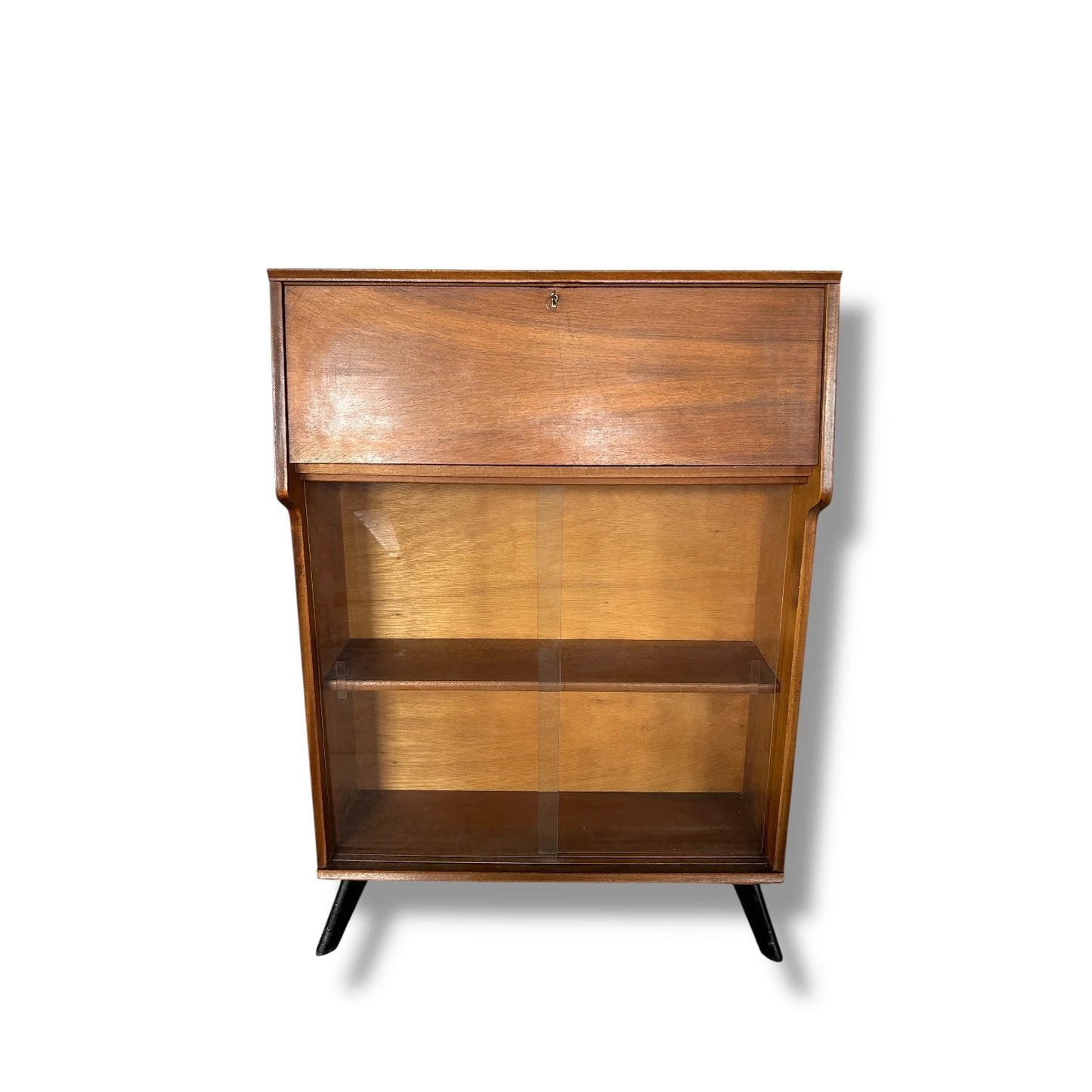 Mid-Century Avalon Bureau – Vintage Writing Desk with Glass Bookcase Storage