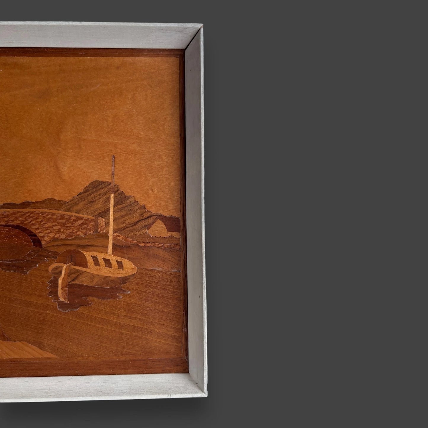 Mid century wood marquetry boat picture frame