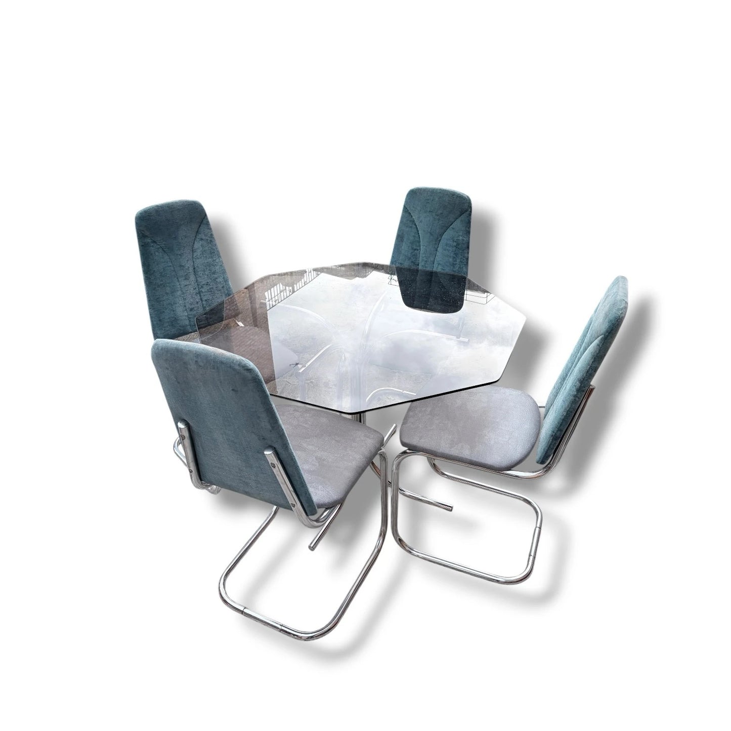 Vintage Chrome & Glass Hexagonal Dining Set | 1970s Space Age Table + 4 Blue Velvet Chairs