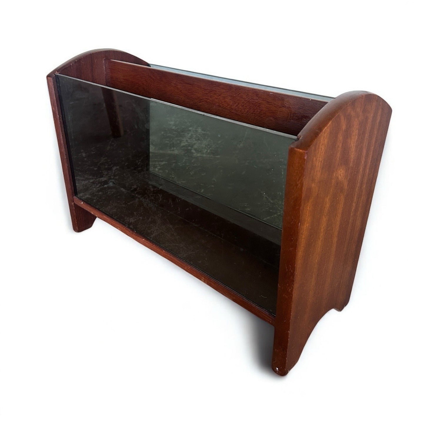 Mid Century Teak Wood Vinyl Storage Smoked Glass Magazine Rack