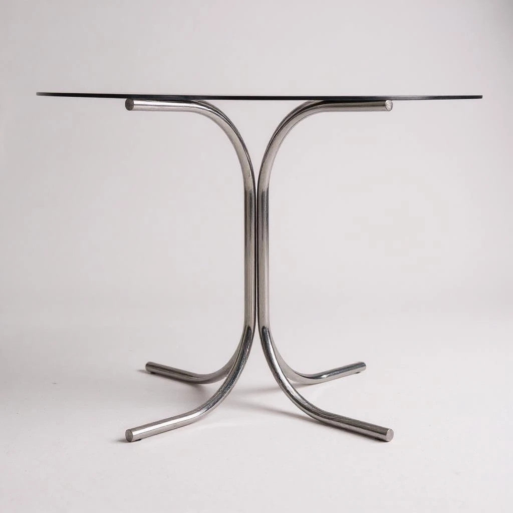 Mid Century Modern Hexagonal Dining Table | Smoked Glass & Chrome Base
