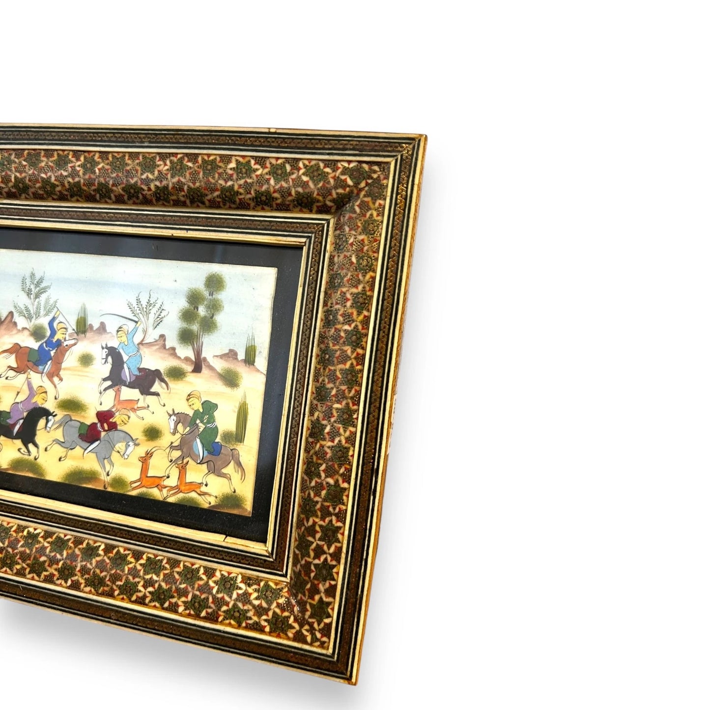 Vintage 1960s Persian Khatam Mosaic Watercolour Framed Painting