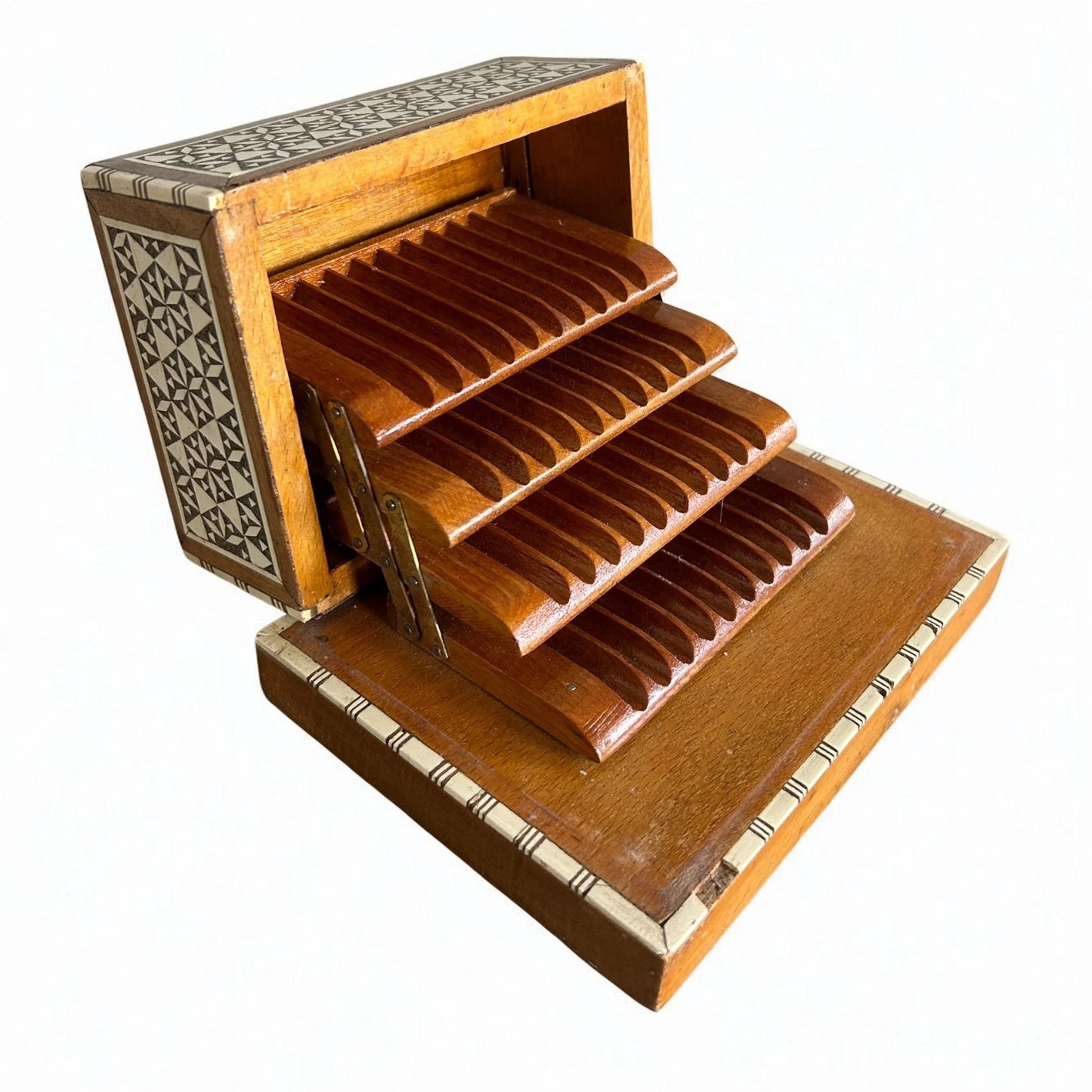 Mid Century Modern Mother of Pearl Mosaic Wood Marquetry Musical Cigarette Dispenser Box
