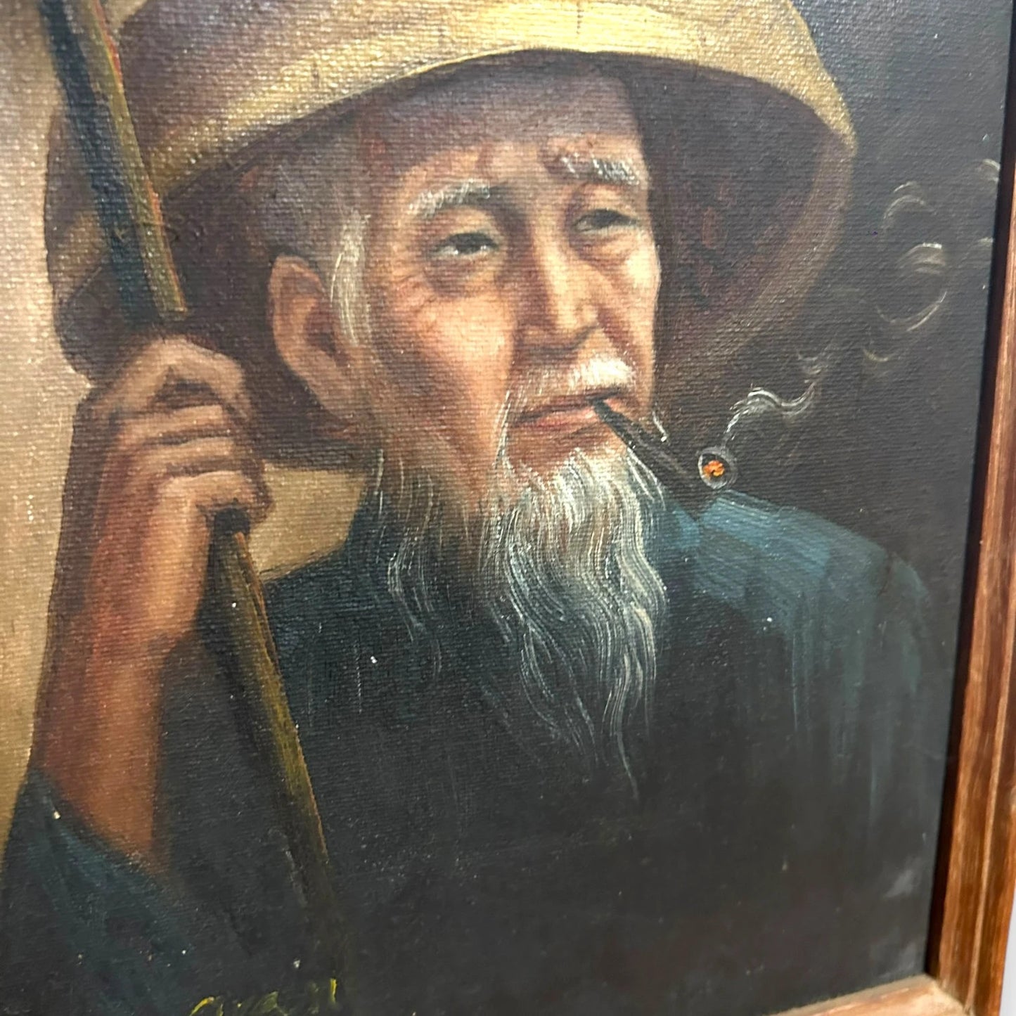 Vintage 1970s Chinese Wise Old Man Art Oil Painting