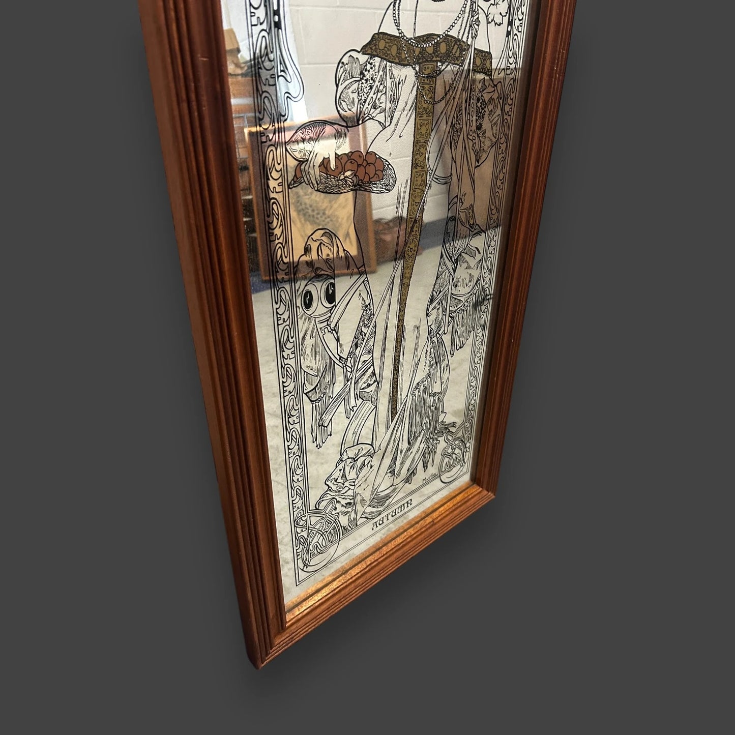 Vintage 1960s Alphonse Mucha Four Seasons Autumn Long Mirror