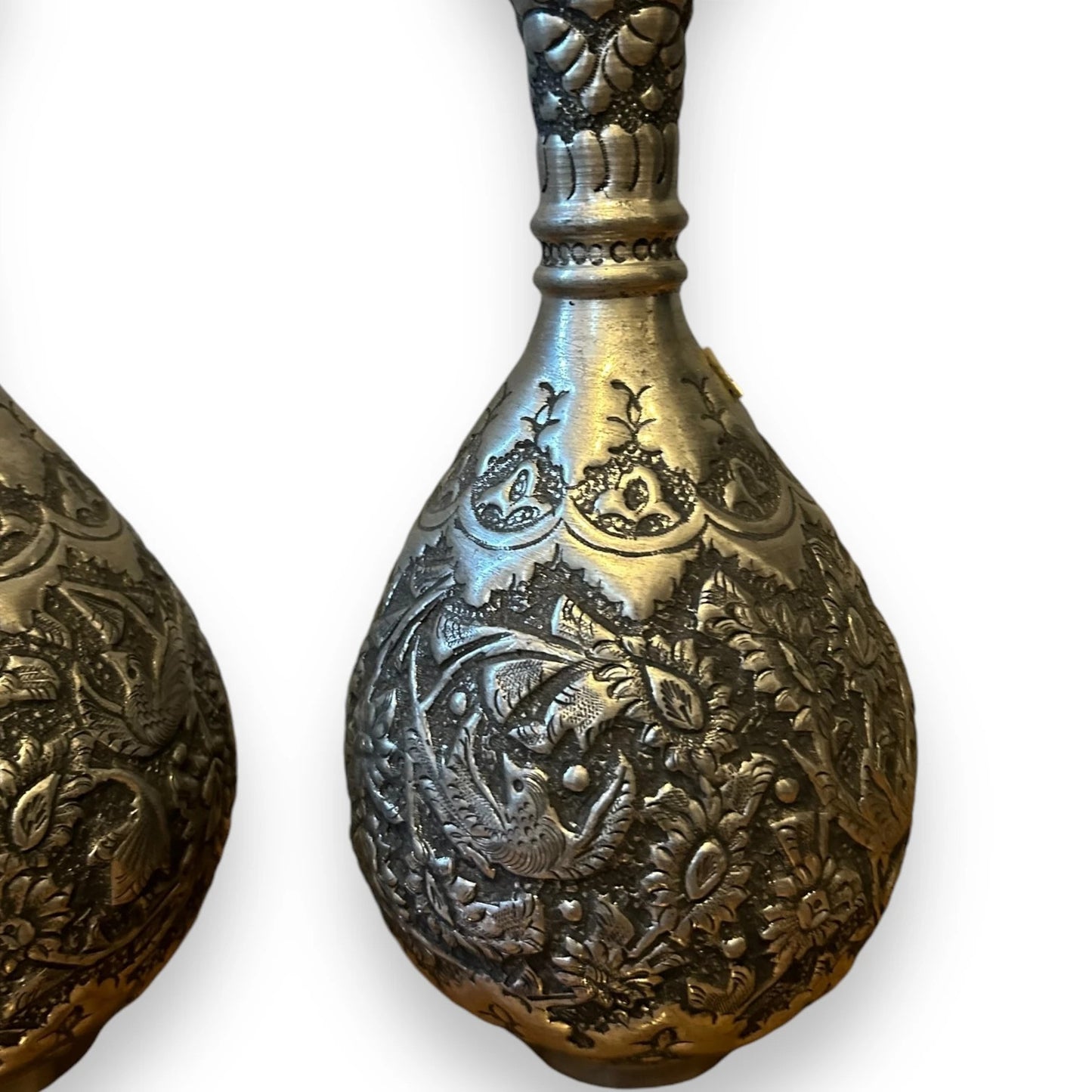 Vintage 1950s Persian Silver Copper Pair of Vases
