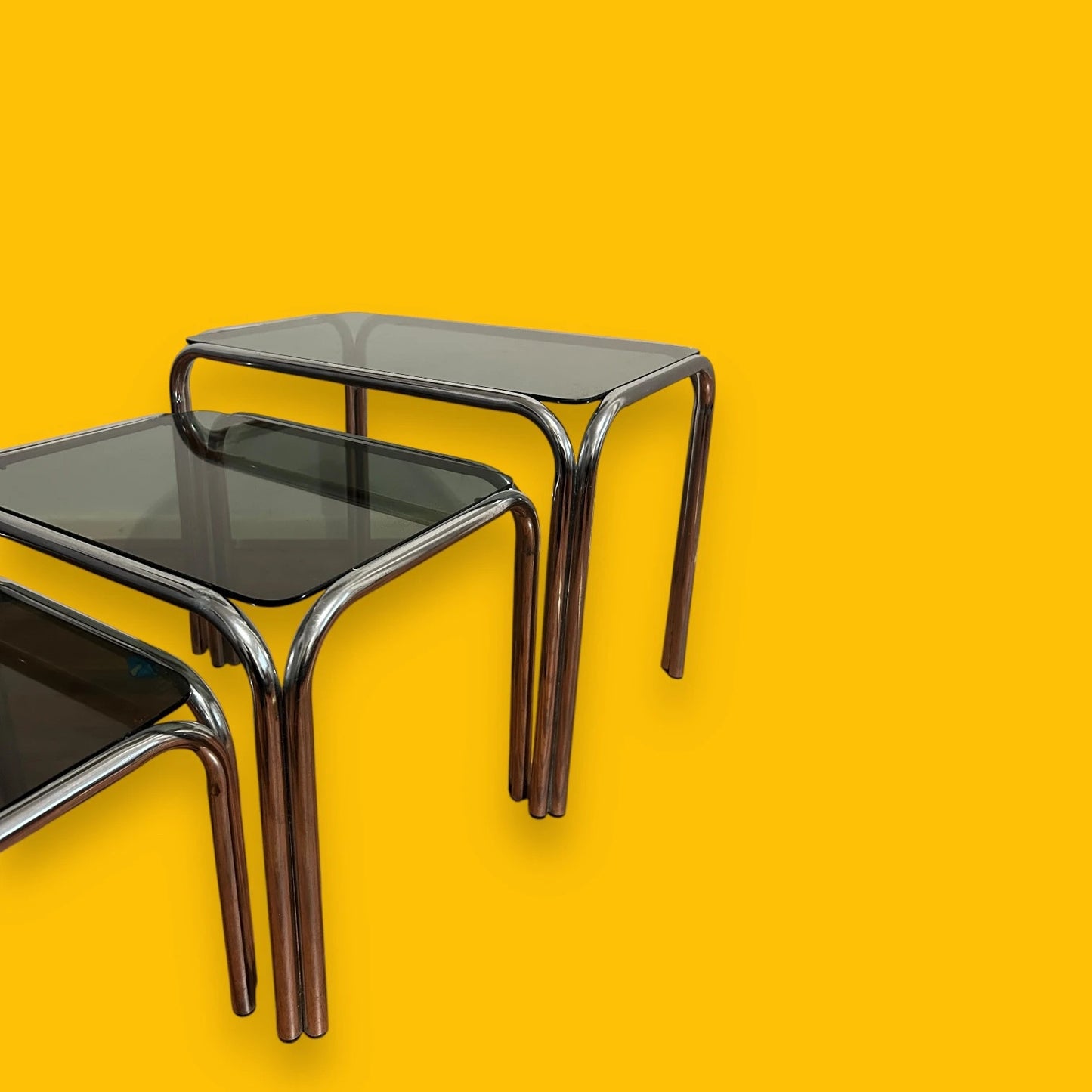 Mid Century Smoked Glass and Chrome Nest of Tables