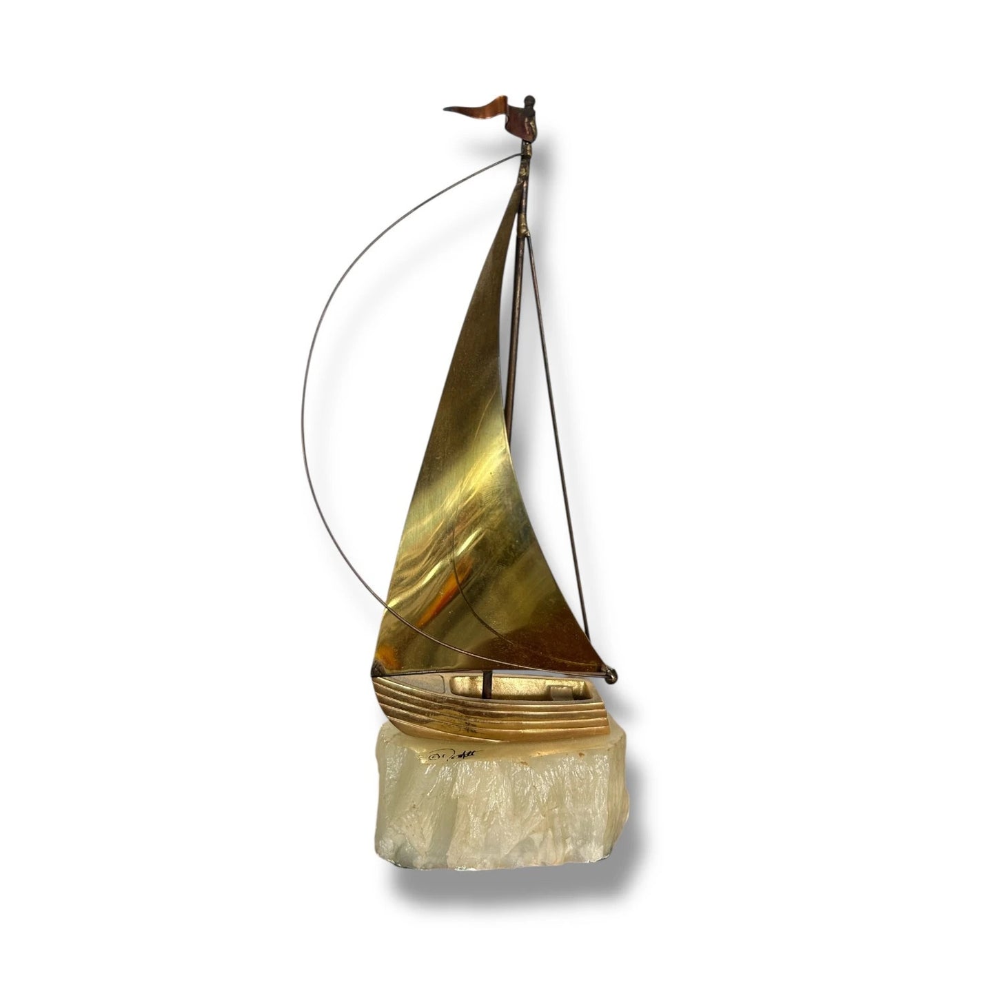 Mid Century Modern Onyx Mounted Brass Boat Sculpture