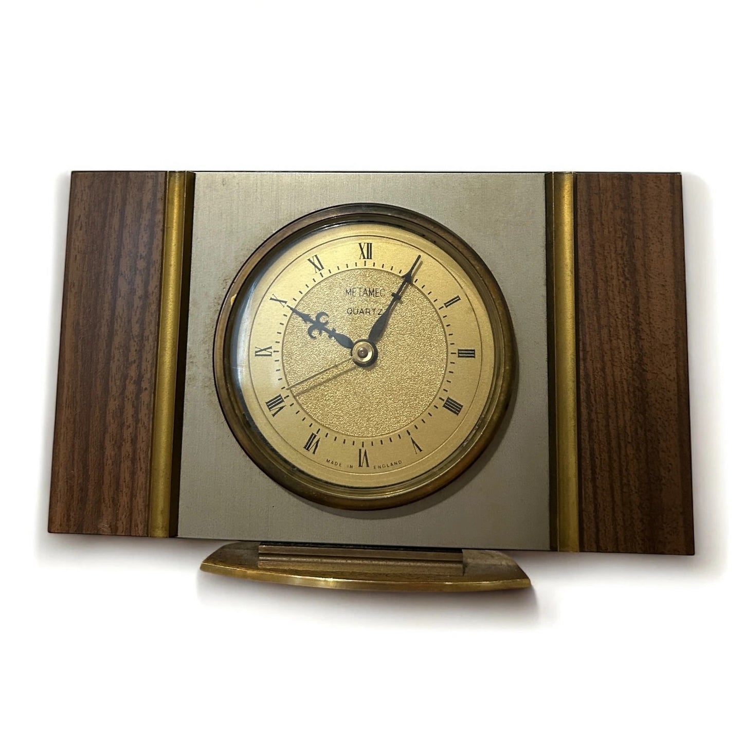 Mid Century Metamec Teak and Brass Mantle Clock