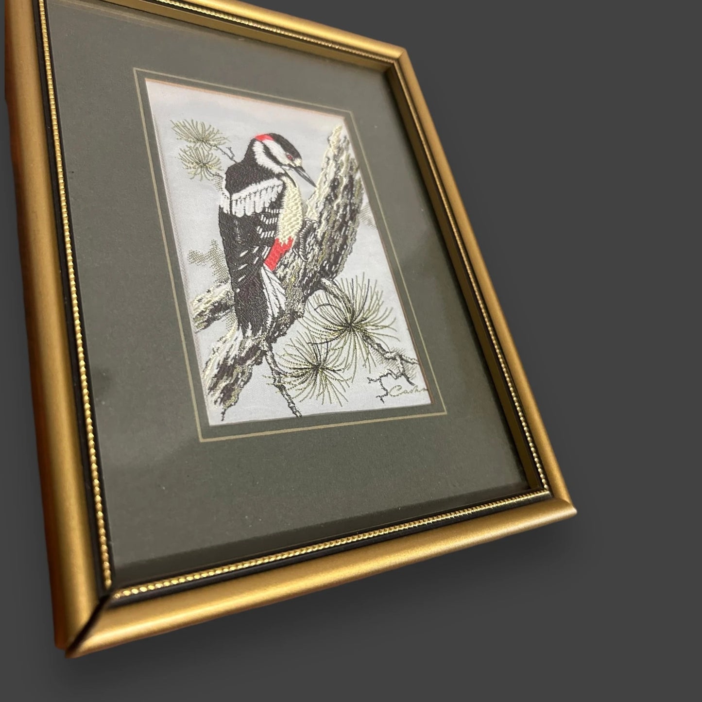 Vintage 1970s Woodpecker Bird Silk Picture