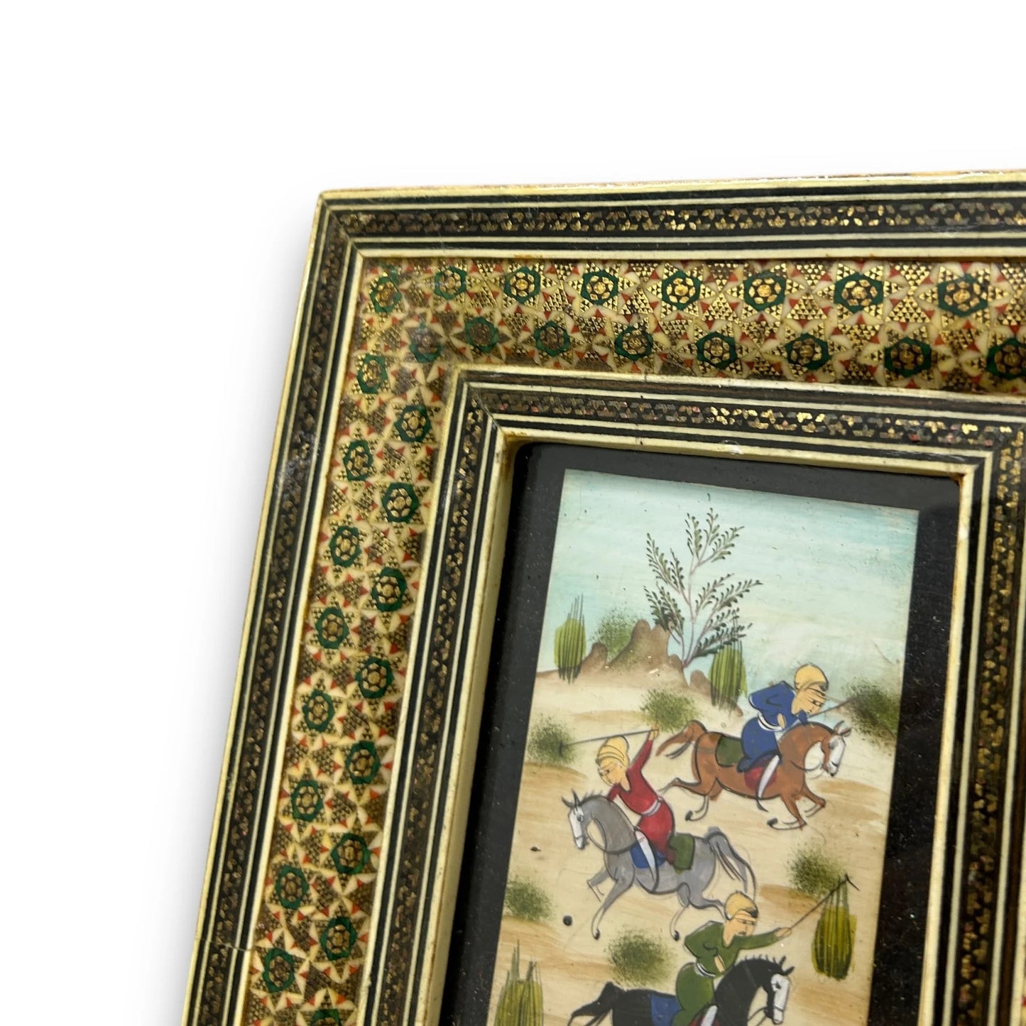 Vintage 1960s Persian Khatam Mosaic Framed Miniature Painting