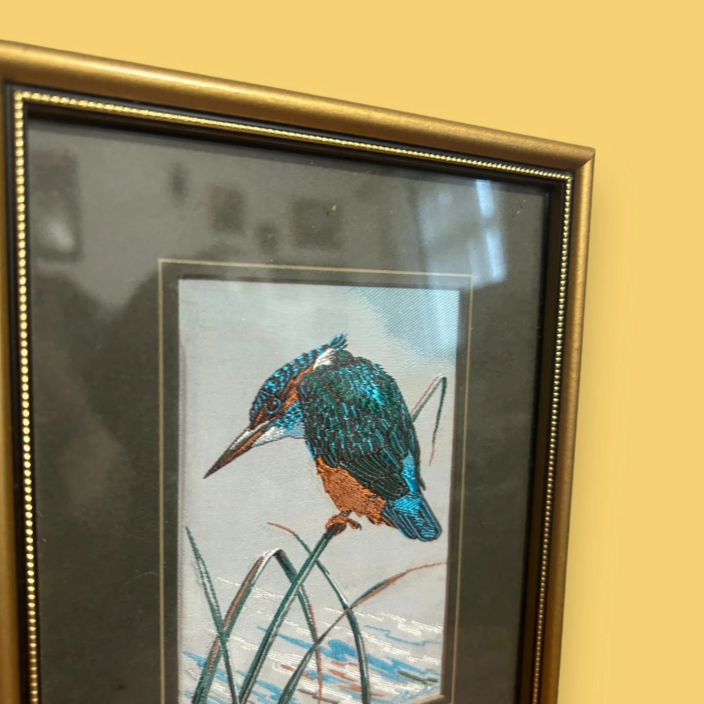 Vintage 1970s Kingfisher Bird Silk Picture