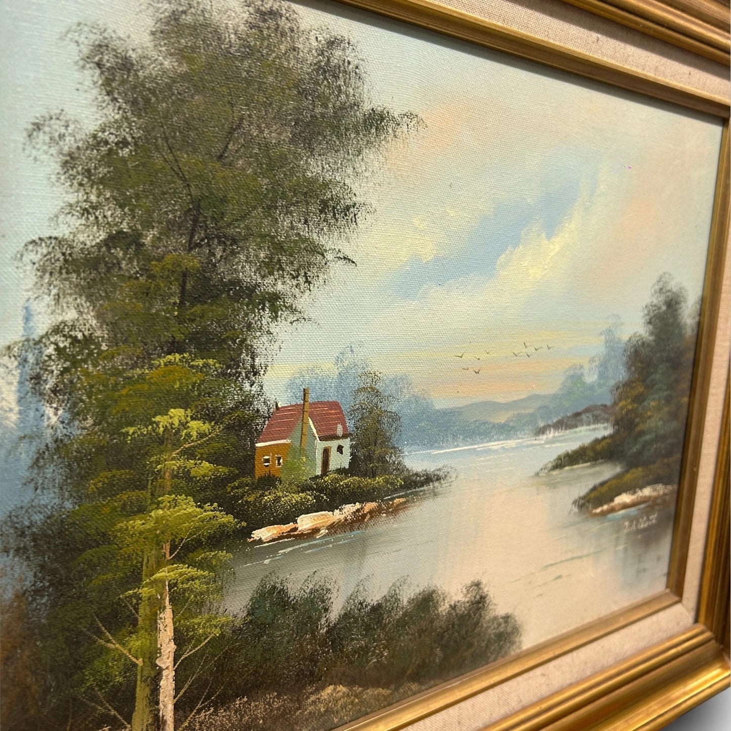 Vintage 1970s Lake Landscape Oil Painting