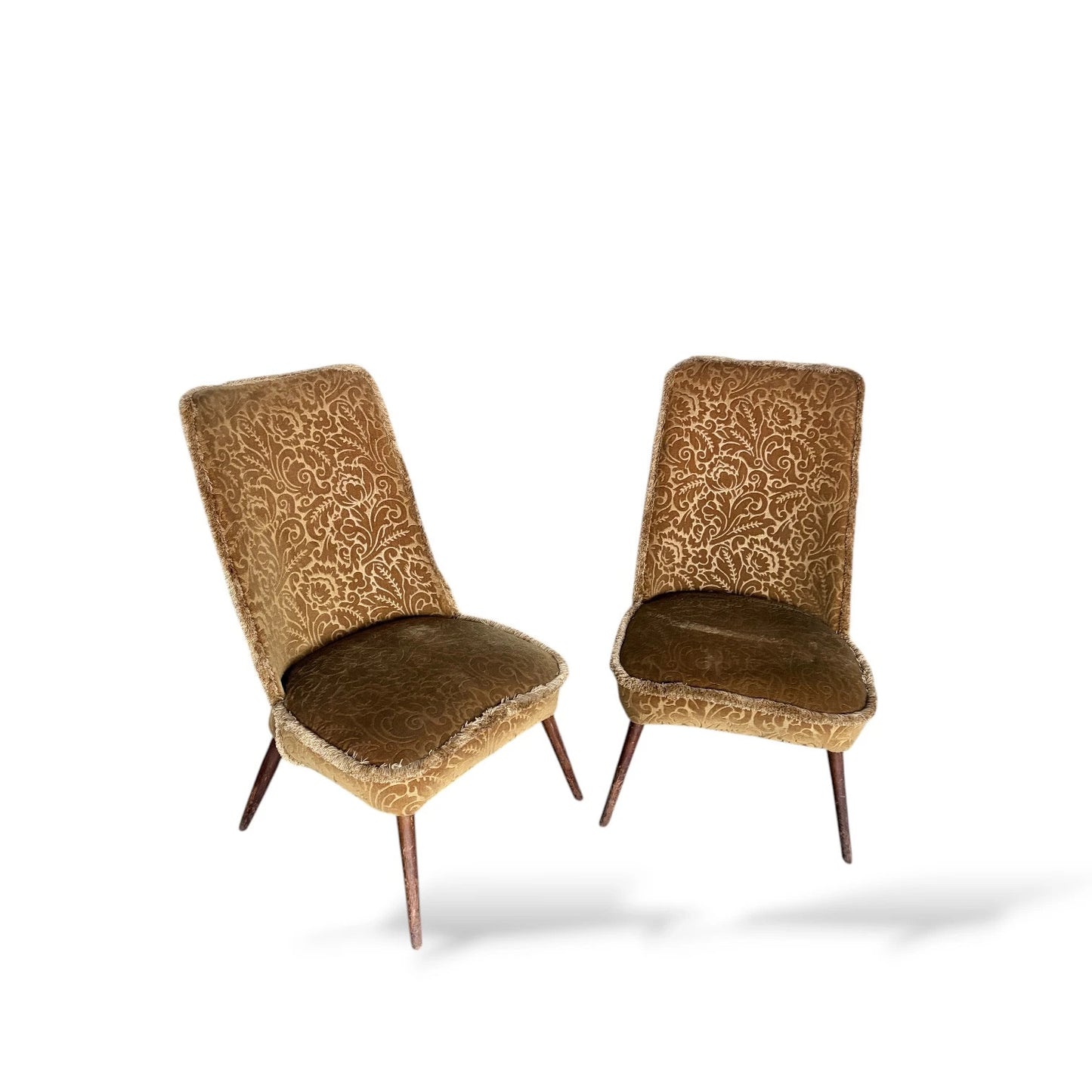 Pair of Mid-Century Cocktail Chairs | Gold Brocade Upholstery with Tapered Legs