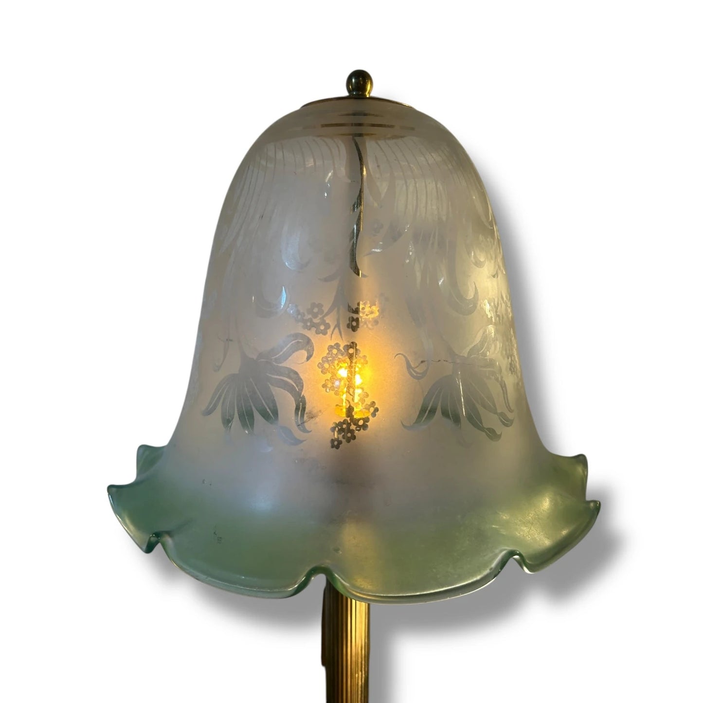 Mid-Century Vaseline Glass Bell Lamp Shade with Brass Base